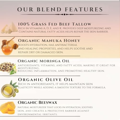 100% Grass-Fed Beef Tallow Balm, Moisturizing Cream with Manuka Honey, Beeswax & Olive Oil – Handmade All-Natural Skincare for Soft, Smooth Skin(2oz) (2oz, Vanilla)