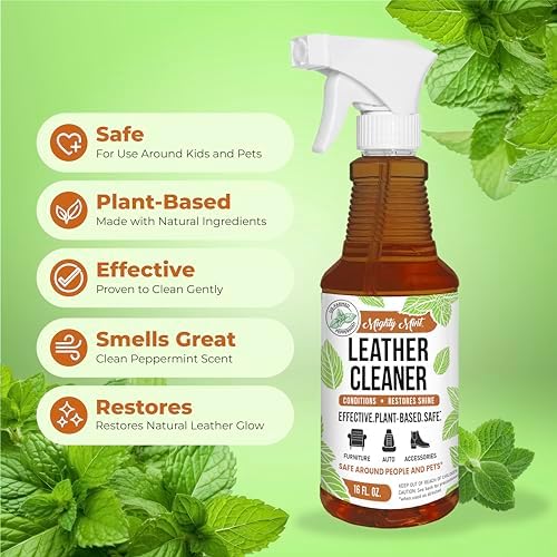 Mighty Mint Leather Cleaner and Conditioner, Plant-Based, Hydrating Spray to Clean and Protect Leather Items, Natural Peppermint Scent, 16oz