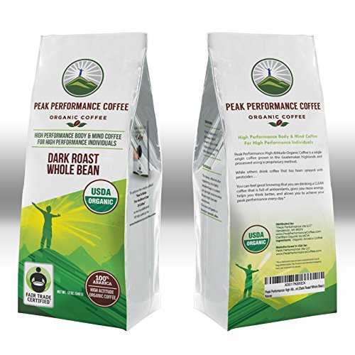 Peak Performance High Altitude Organic Coffee. Fair Trade, Low Acid, Non GMO, and Beans Full Of Antioxidants. Dark Roast Smooth Tasting USDA Certified Organic Whole Bean Coffee Bag
