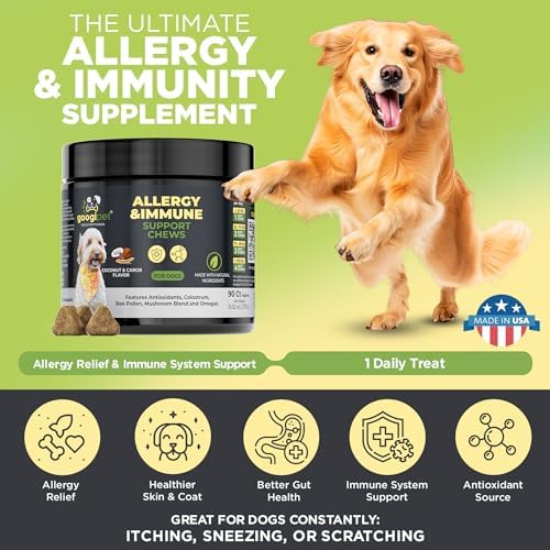 Googipet Dog Allergy Chews, Dog Allergy Relief & Itchy Skin Relief, Skin & Coat Supplement +Bee Pollen, Colostrum for Dogs, Coconut Oil, Probiotics, & Omega 3 Fish Oil to Reduce Constant Scratching