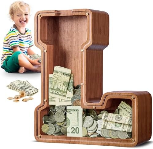 Summidate Large Wooden Piggy Bank for Kids Adults, Alphabets Letter A-Z Piggy Bank for Boys Girls, Coins Bills Change Bank Box Personalized Initial Name Kids Money Bank for Birthday Present and Decor