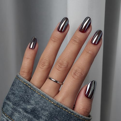 BTArtbox Press On Nails Short - Black Oval Press On Nails, Chrome Glazed Glue On Nails, Supremely Fit & Glossy Stick On Nails in 16 Sizes - 30 Fake Nails Kit, Magic Mirror