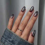 BTArtbox Press On Nails Short - Black Oval Press On Nails, Chrome Glazed Glue On Nails, Supremely Fit & Glossy Stick On Nails in 16 Sizes - 30 Fake Nails Kit, Magic Mirror