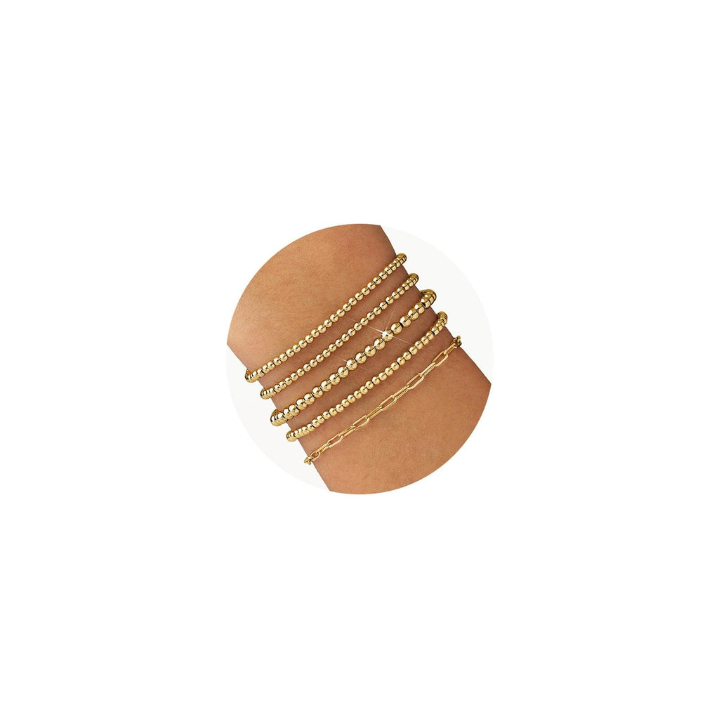 shownee Gold Beaded Bracelet for Women 14K Gold Plated Bracelets Gold Stretch Bead Ball Bracelets Hypoallergenic Stackable Bracelet Set 6.8 inch small Graduation Gift for Her Mothers Day Gifts for Mom