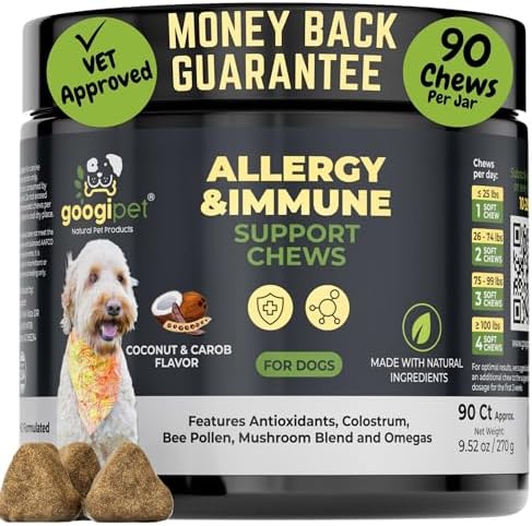 Googipet Dog Allergy Chews, Dog Allergy Relief & Itchy Skin Relief, Skin & Coat Supplement +Bee Pollen, Colostrum for Dogs, Coconut Oil, Probiotics, & Omega 3 Fish Oil to Reduce Constant Scratching