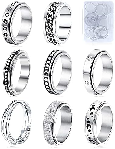 MUCAL Fidget Rings for Anxiety 8pcs Stainless Steel Spinner Ring Anti Anxiety Ring Spinning Moon Star Cool Stress Relieveing Rings for Women Men