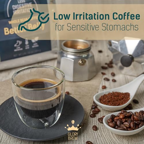 Glorybrew Low Acid Whole Bean Coffee 1 lb I Medium Roast Beans I For Sensitive Stomachs - Less Irritation I Unique Screw Cap for Fresh Coffee I 100% Natural