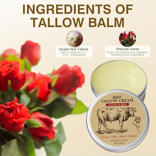 Beef Tallow, Beef Tallow for Skin, Beef Tallow Moisturizer, Organic Beef Tallow Balm for Face Moisturizer Grass Fed for All Purpose Balm, Natural Beef Tallow Lotion for Skin Care (2.5oz)