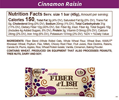 NuGo Fiber d'Lish Cinnamon Raisin, 12g High Fiber, Vegan, 150 Calories, 16 Count