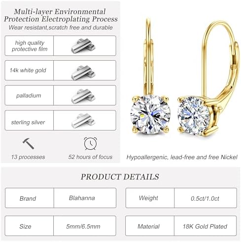 Moissanite Earrings,1.0ct-2.0ct D Color Brilliant Round Cut Lab Created Diamond Earrings 18K White Gold Plated Sterling Silver Dangle Earrings Moissanite Leverback Drop Earrings