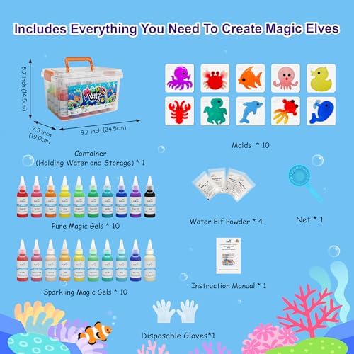 Kiditos Magic Water Elf Toy Kit–Squishies for Kids, 20 Gels & 10 Molds, Magic Gel Water Pets Sensory Toy, Fun DIY Craft Kit，Party Favors, Birthday & Christmas Gifts for Kids Ages 3+