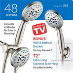 Hotel Spa AquaCare As-Seen-On-TV High Pressure 48-setting Rain & Handheld 3-way Shower Head Combo - Anti-clog Nozzles/Tub, Tile & Pet Power Wash/Extra Long 6 ft. Hose/Satin Nickel Finish