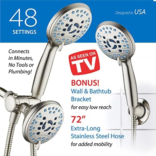 Hotel Spa AquaCare As-Seen-On-TV High Pressure 48-setting Rain & Handheld 3-way Shower Head Combo - Anti-clog Nozzles/Tub, Tile & Pet Power Wash/Extra Long 6 ft. Hose/All Chrome Finish