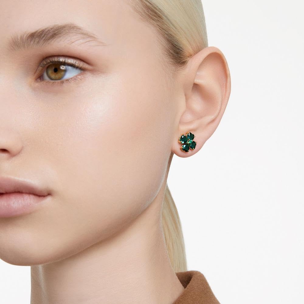 Swarovski Idyllia Stud Earrings, Gold-Tone Finished Clover Motif with Green Stones, Part of the Swarovski Idyllia Collection