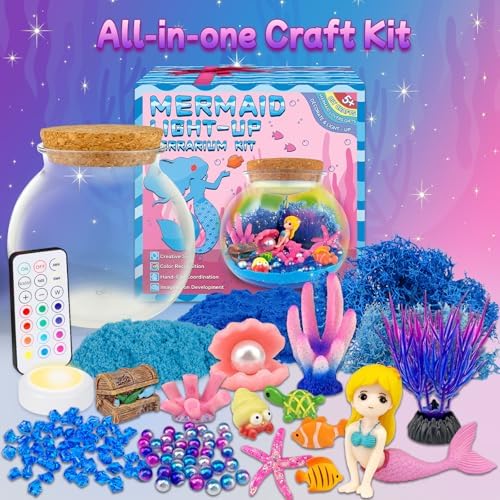 Mermaid Terrarium Craft Kit for Kids - LED Night Light Up & Remote Mermaid Birthday Gifts Toys for Girls Age 5 6 7 8 9 10 11 12 Year Old