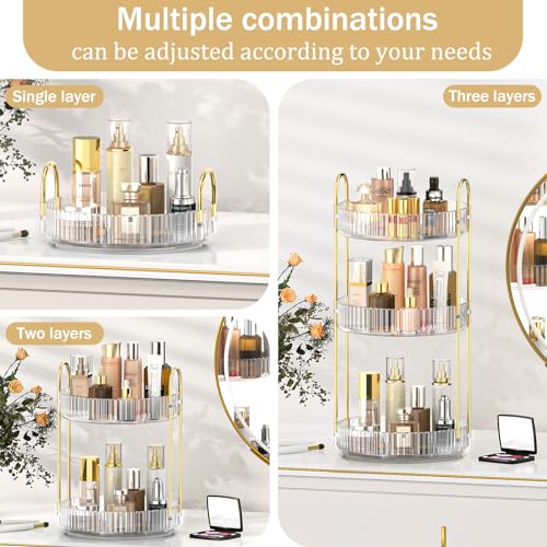 MOKANI 360 Rotating Makeup Organizer for Vanity, 3 Tier Adjustable Perfume Organizer for Dresser, Multi-Function Spinning Cosmetics Skincare Storage for Bedroom, Dresser, Countertop, Clear