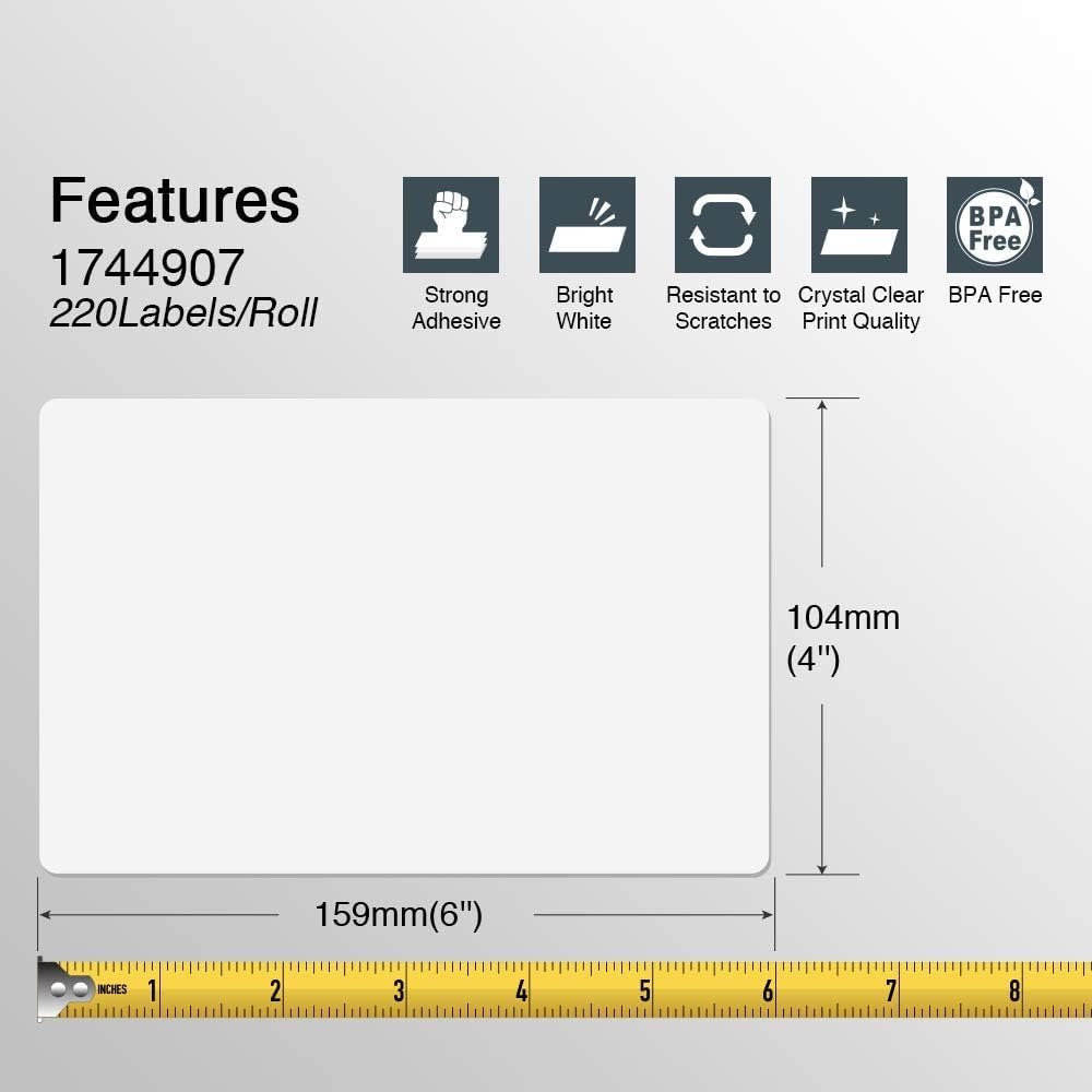 BETCKEY - Compatible DYMO 1744907 (4" x 6") Shipping Labels, Perforated, Compatible with DYMO Labelwriter 4XL Rollo & Zebra, NOT Fit 5XL [10 Rolls/2200 Labels]