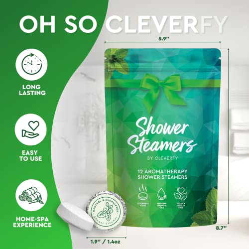 Cleverfy Shower Steamers Aromatherapy - 12 Pack of Menthol & Eucalyptus Shower Bombs with Essential Oils for Relaxation and Nasal Congestion. Valentines Day Gifts for Her and Him.