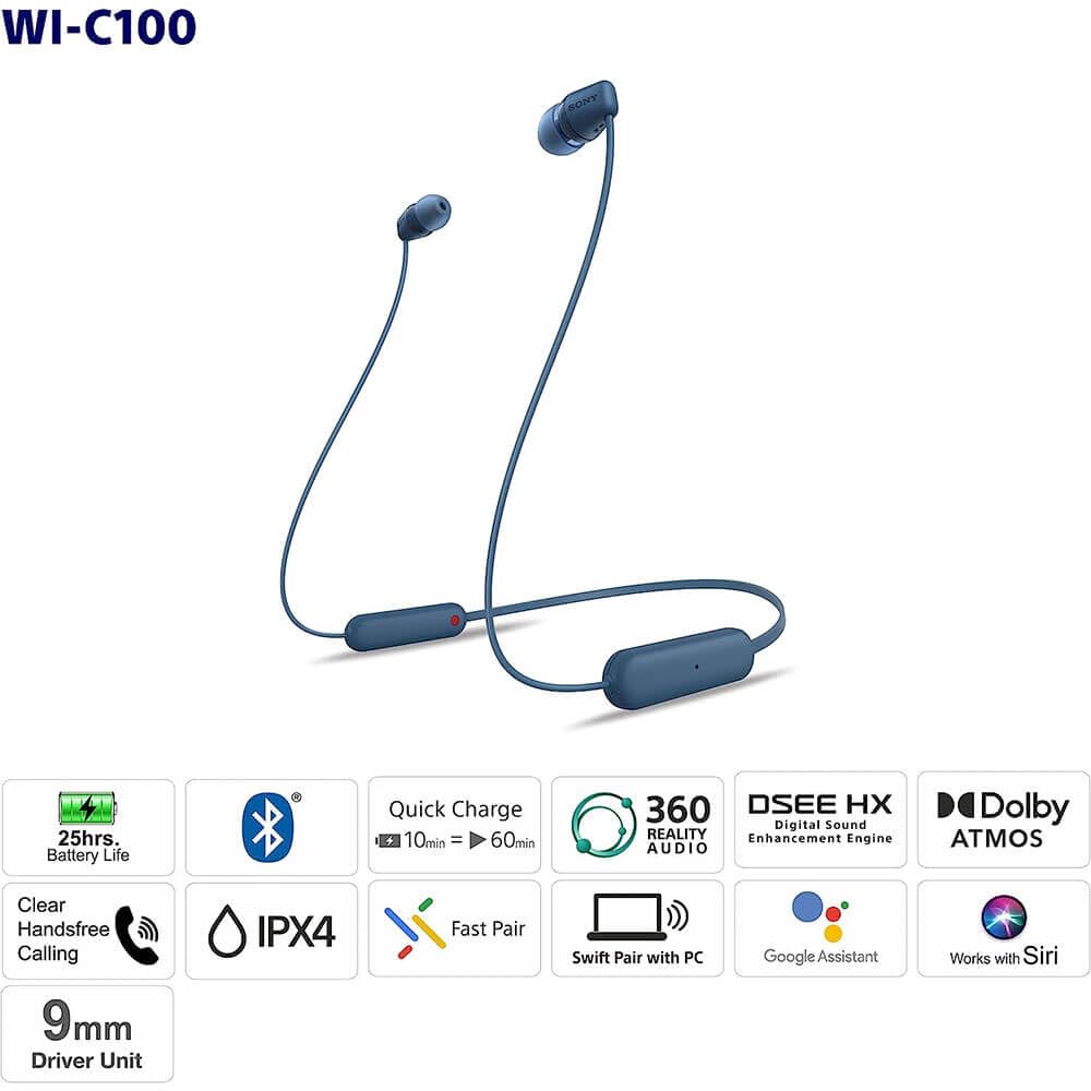 Sony WI-C100 Wireless in-Ear Bluetooth Headphones with Built-in Mic, Black
