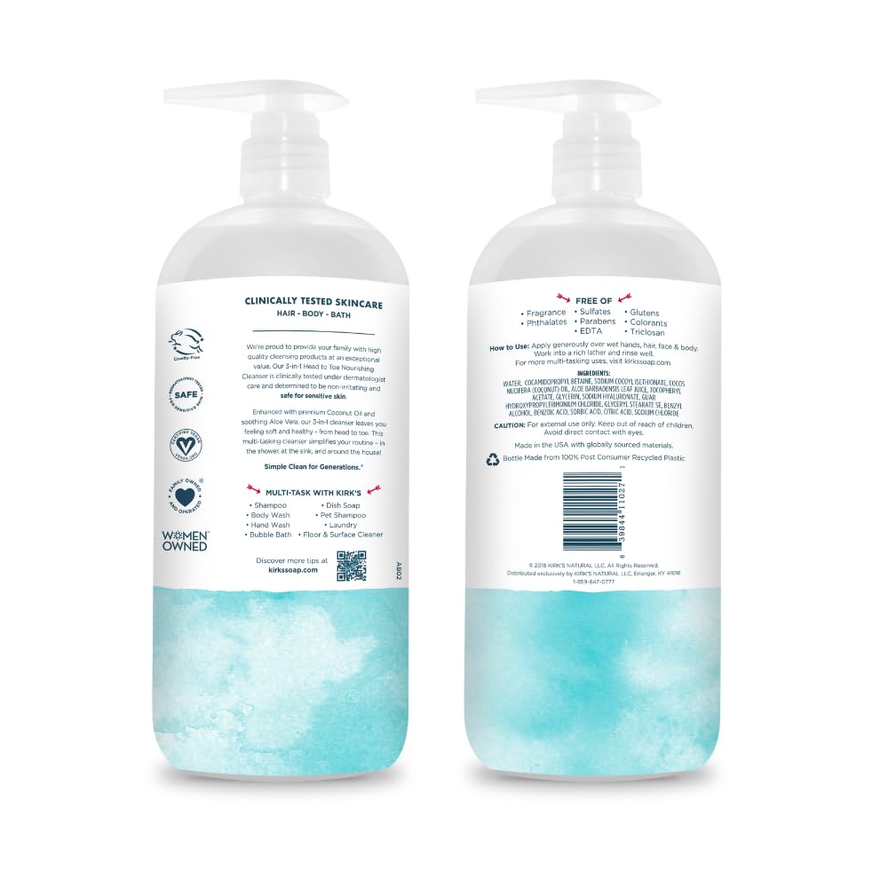 Kirk's 3-in-1 Head to Toe Nourishing Liquid Cleanser- for Men, Women & Children - Premium Coconut Oil & Aloe Vera- Non GMO & Vegan -Fragrance Free - 32 Fl Oz.