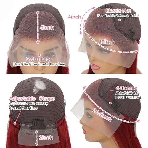 99j Burgundy Lace Front Wigs Human Hair 13x4 HD Lace Straight Red Wig Human Hair Colored Lace Frontal Wigs Human Hair 180% Density Burgundy Wig Human Hair Pre Plucked With Baby Hair 26 Inch