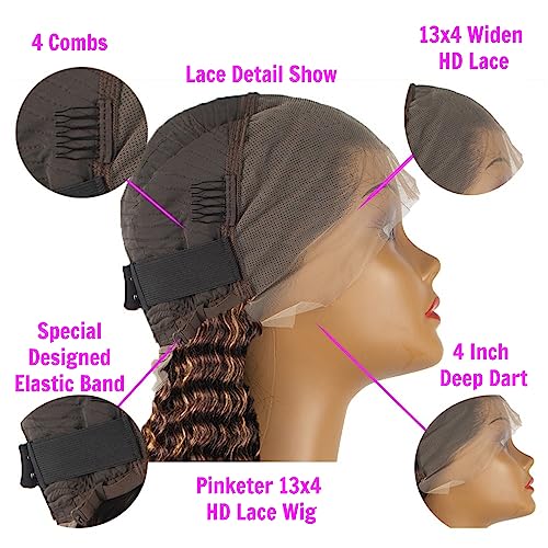 Ombre Highlight Deep Wave Lace Front Wigs Human Hair 4/27 Color 13x4 Curly Lace Front Wigs for Black Women 180% Density Human Hair wigs Pre Plucked with Baby Hair (4/27 Deep Wave Wig,18 Inch)