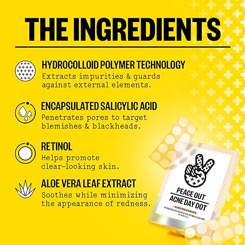PEACE OUT Skincare Acne Day Dot Jumbo, 6-hour Fast Acting Sheer Hydrocolloid Pimple Patches with Salicylic Acid, Ultra-Thin, Virtually Invisible, Quickly Clear Breakouts, Blemishes and Zits, 40 dots