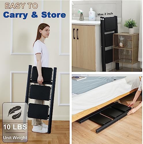 Double Elite Step Ladder 3 Step Folding, Sturdy 330 Lbs Small Step Stool for Adults, Safer Full Steel Multi-use Kitchen Ladder for Home, Closet Step Stool Ladder with Anti-Slip Wide Pedals, Black