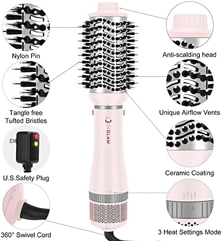 IG INGLAM 4 in 1 Blowout Hair Dryer Brush Set - Negative Ion Detachable Hair Dryer, Volumizer Styler with 2 Brush Heads, Pink
