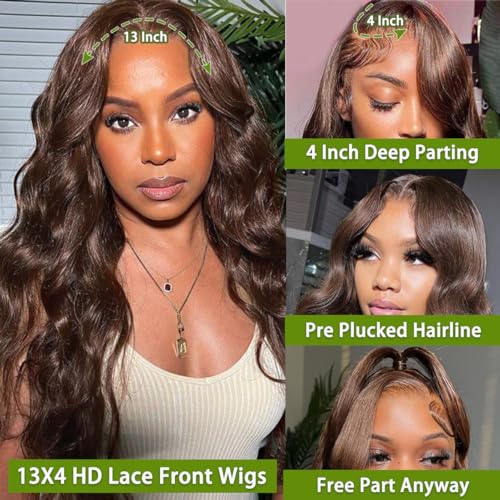 Chocolate Brown Lace Front Wig Human Hair 180% Density Brown Body Wave 13x4 Lace Front Wigs Human Hair for Black Women 4# Colored Wigs Human Hair (24inch)
