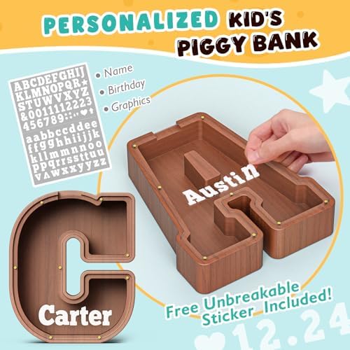Summidate Wooden Letter Piggy Bank, Extra Thick Large Capacity Piggy Bank for Kids Boys Girls Toddler, Alphabet C Money Bank| Coin Box Birthday, Christmas, Festival