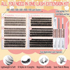 Lash Clusters Kit Wispy Eyelash Extension Kit 480pcs Individual Lashes D Curl Cluster Eyelash Extensions 8-16MM DIY Lash Extension Kit with Lash Bond and Seal Lash Tweezers (30D+40D+50D+60D+80D+100D)