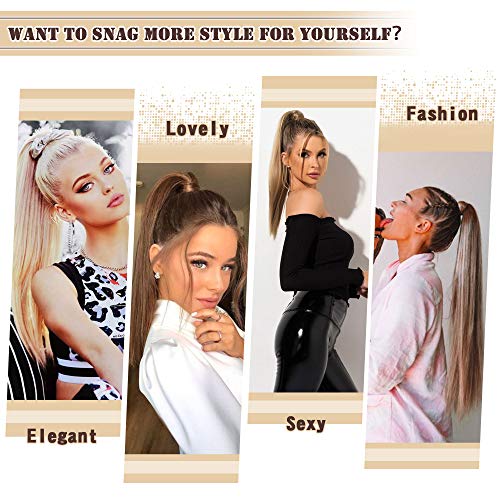 BARSDAR Straight Ponytail Extension - 24 Inch Long Straight Wrap Around Ponytail for Women Clip in Ponytail Extensions Synthetic Brown Pony Tails Hairpieces Daily - Darkest Brown mix Auburn