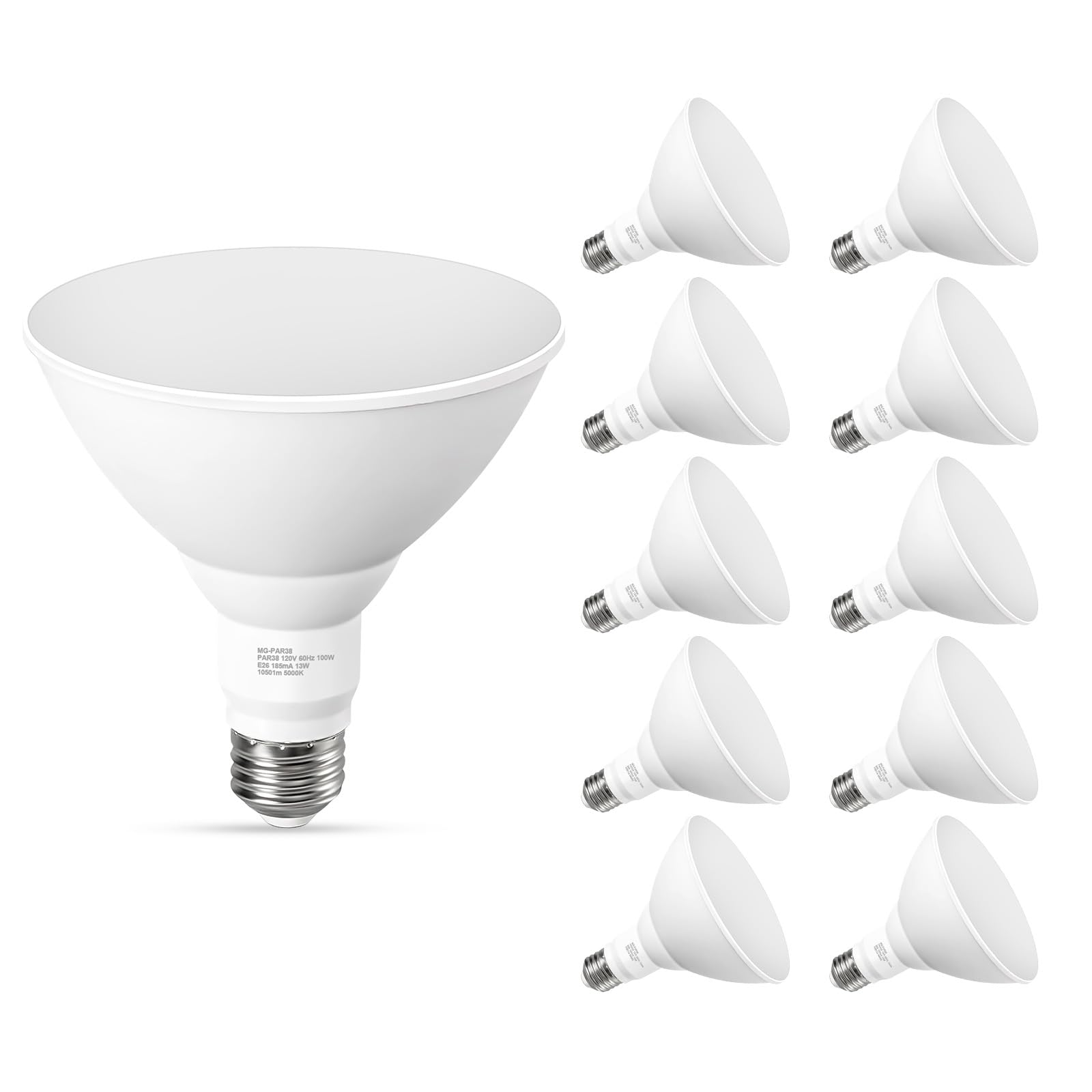 GvvooHome 10 Pack PAR38 LED Outdoor Flood Light Bulbs, 100W Equivalent, 5000K Daylight White, Dimmable Waterproof LED Floodlight for Porch Yard Garage, E26 Base 1050LM, 13W, 15,000 Hrs