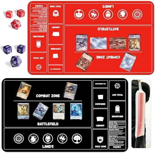 Card Game Playmats MTG Playmat for Beginner 2 Pack with Dices, Magic Mat Commander Deck Card Playmat for TCG MTG Accessories Play Mat 24x14 Inches Duel Card Battles, Black/Red