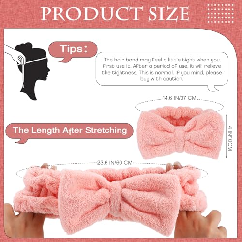 Yunlly 20 Pcs Spa Headband for Women 4 Inches Width Facial Makeup Hair Band Bulk Skincare Headbands for Washing Face Bowtie Slumber Party Supplies Fluffy Head Wraps(Pink)