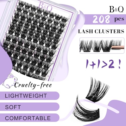 B&Qaugen Lash Clusters 208 PCS Cluster Lashes Individual Lashes B05+B06 Eyelash Extensions 10-18mm DIY Lash Extensions D Curl Volume Wispy Soft Comfortable Band False Lashes (D-10-18MIX)