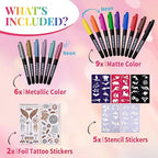 Temporary Tattoo Markers for Skin, 15 Colors Tattoo Pen + 50 Paint Stencils + 43 Tattoos Stickers, Glitter & Matte & Neon Glow Body Marker Set, Removable Fake Tattoos Kit for Teens and Adult