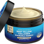 Whipped Beef Tallow Balm for Skin, 5 oz - 8-in-1 Organic Multi-Use Natural Moisturizer for Face, Body, Lips - Hydrates Dry & Cracked Skin with Grass-Fed Ingredients, Collagen, Manuka Honey (Unscented)