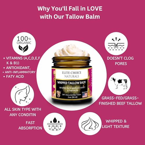 Whipped Tallow Balm - 100% Grass-Fed Beef Tallow, Pure Organic Moisturizer for Face & Body, Anti-Aging, Wrinkles, Fine Lines, Firming, Uneven Tone & Pigmentation - Handmade (2 Fl oz, Unscented)