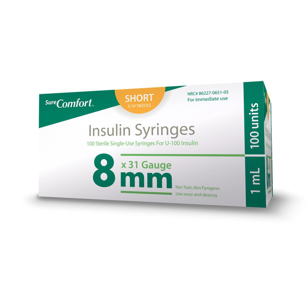 SureComfort U-100 Insulin Syringes 31G x 5/16" 1cc (8 mm), For Diabetes Care, Box of 100