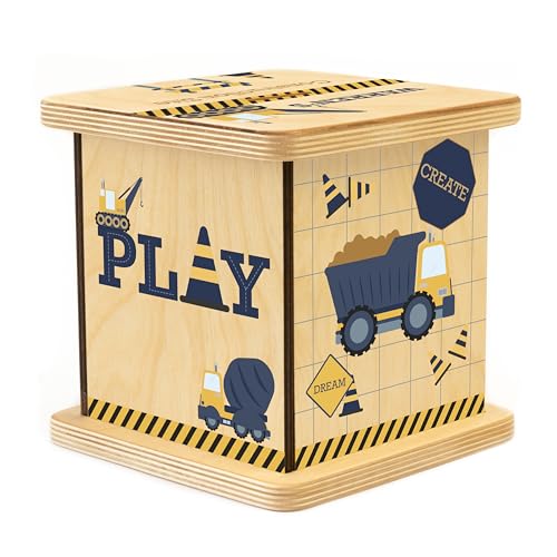 Wooden Piggy Bank for Kids and Adults, Personalized Gift Handmade in USA by BloomOwl, Custom Piggy Bank, Personalized Banks for Kids, Gifts for Baby Boys and Girls (Construction- Navy)