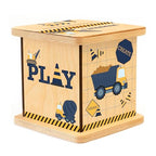 Wooden Piggy Bank for Kids and Adults, Personalized Gift Handmade in USA by BloomOwl, Custom Piggy Bank, Personalized Banks for Kids, Gifts for Baby Boys and Girls (Construction- Navy)