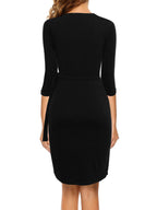 Berydress Women's 3/4 Sleeve V Neck Casual Party Work Faux Black Wrap Dress