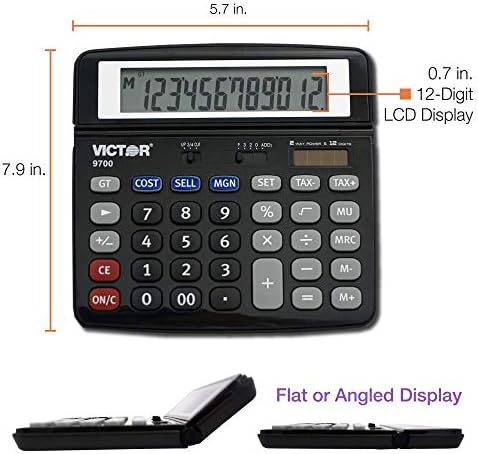 Victor 9700 12-Digit Standard Function Business Calculator, Battery and Solar Hybrid Powered Tilt LCD Display, Great for Home and Office Use, Black