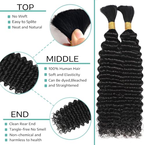 Human Braiding Hair for Boho Braids Deep Water Wave Bulk Human Hair 110g 16 Inch Curly Wave for Boho Braids Extensions No Weft 12A Wet and Wavy 2 Bundles/Pack Natural Color