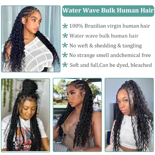 Water Wave Bulk Human Hair for Braiding No Weft Unprocessed Brazilian Virgin Human Hair Extensions Wet and Wavy Micro Braiding Hair Human Hair Bundles For Boho Braids Natural Color(18inch 2pack/100g)