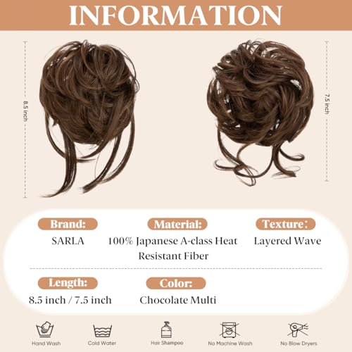 SARLA 2PCS Messy Bun Hair Pieces Detachable Claw Clip Wavy Curly Synthetic Hairpieces Fake Scrunchies Updo Ponytail Extension for Women Chocolate Multi