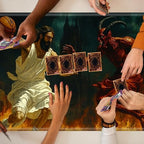 Playmats for Magic: The Gathering MTG Card Game Mat Plus 50 Pcs Card Sleeves, 24" x 14" TCG Mat with Stitched Edge for Commander Deck Duskmourn Board Game, Jesus Play Basketball with The Devil