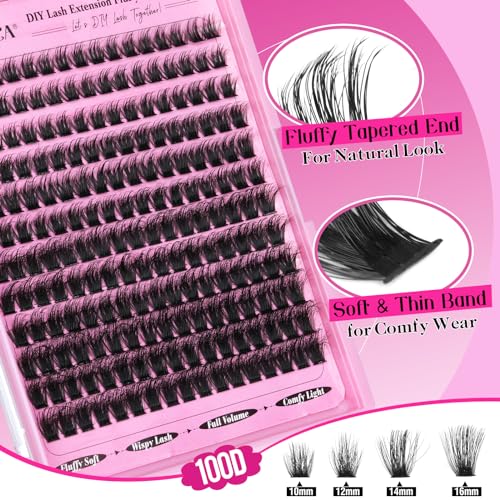 Fluffy Lashes Clusters Kit Wispy Individual Lashes 100D Volume Cluster Eyelash Extensions Kit 10-16mm D Curl Lash Extension Kit with Bond and Seal and Lash Tweezers DIY Eyelash Kit by Yawamica